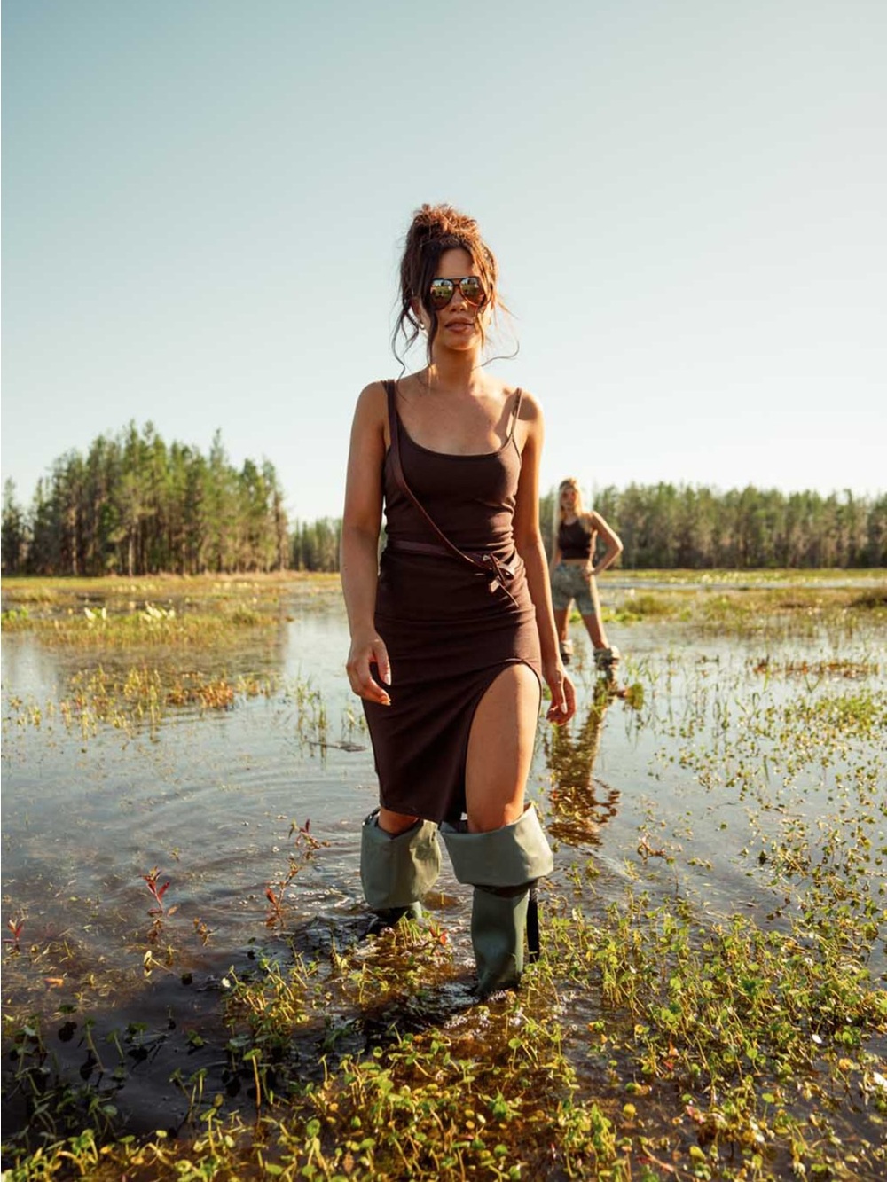 TRIBE KELLEY Ribbed Brown Tank Midi Dress with Side Slit